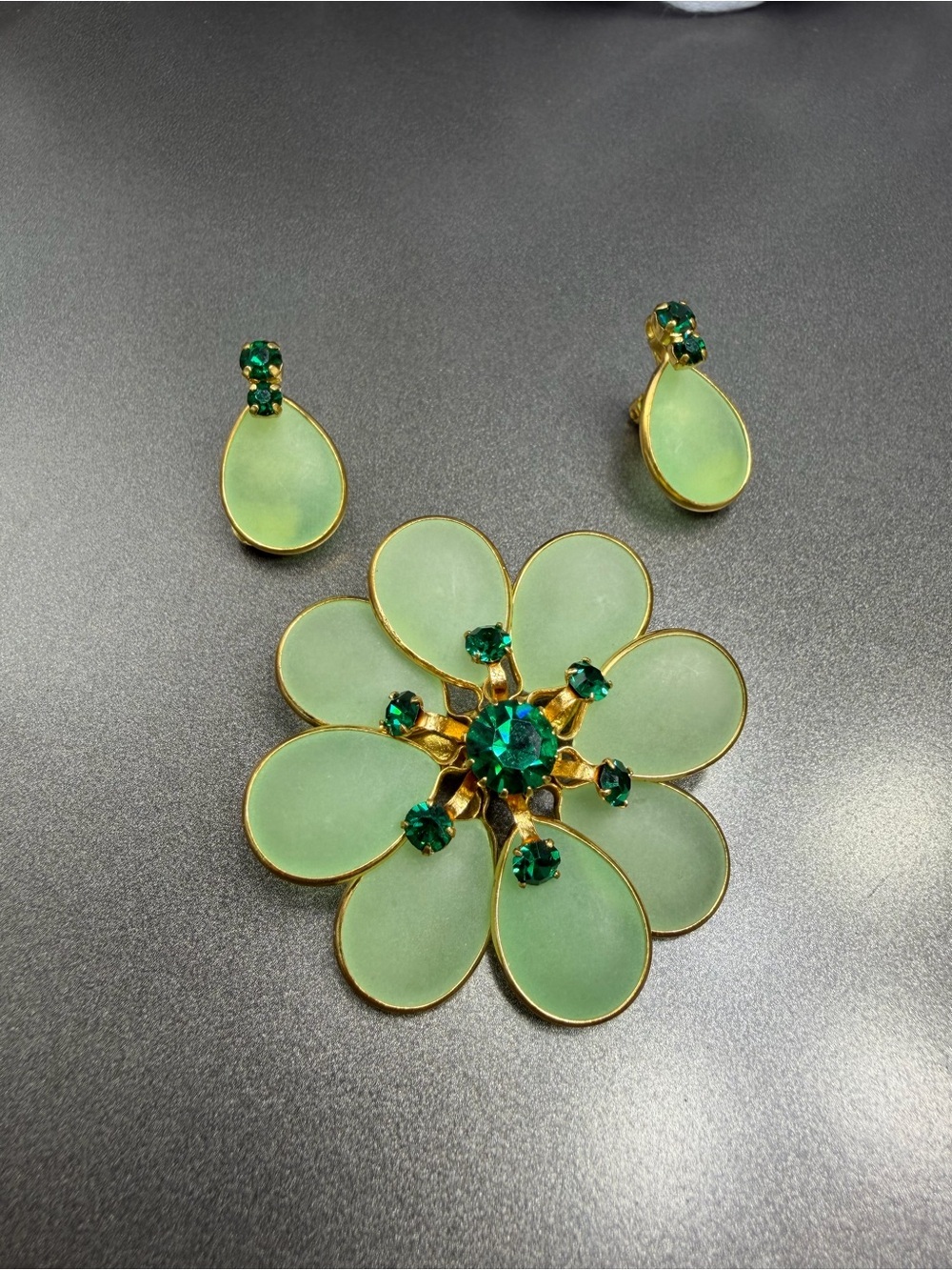 Vintage Satin Glass Brooch Clip-On Earrings West Germany #86set